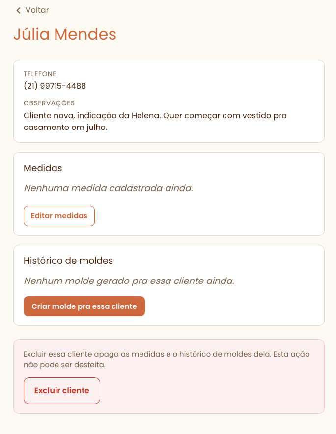 Perfil da cliente com editor de medidas