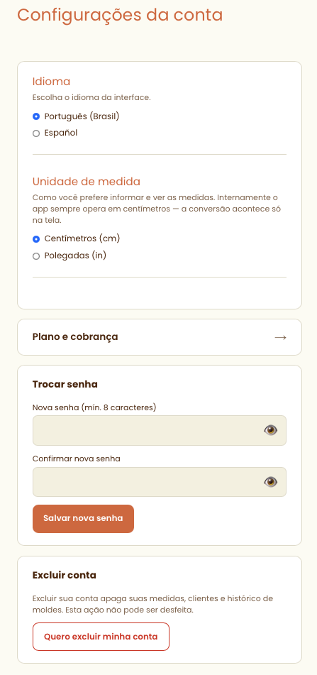 Tela de configurações